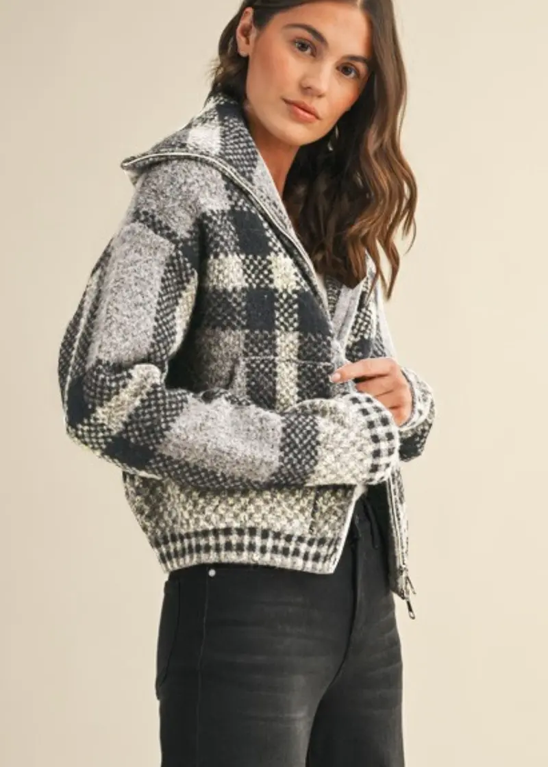 Checkered Fuzzy Sweater Jacket 1
