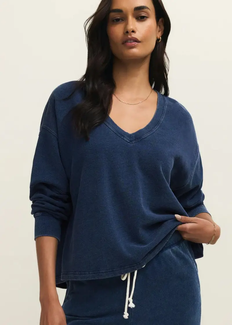 Delphine Knit Denim V-Neck Sweatshirt 1