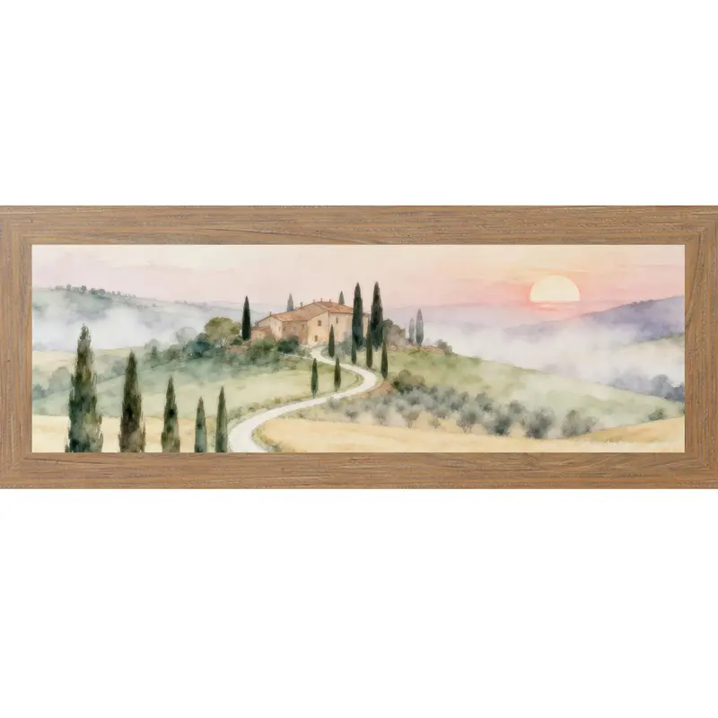 Tuscan Sunrise Road Wall Art – Watercolor Italian Countryside Wide Landscape Decor (Sb925) 1